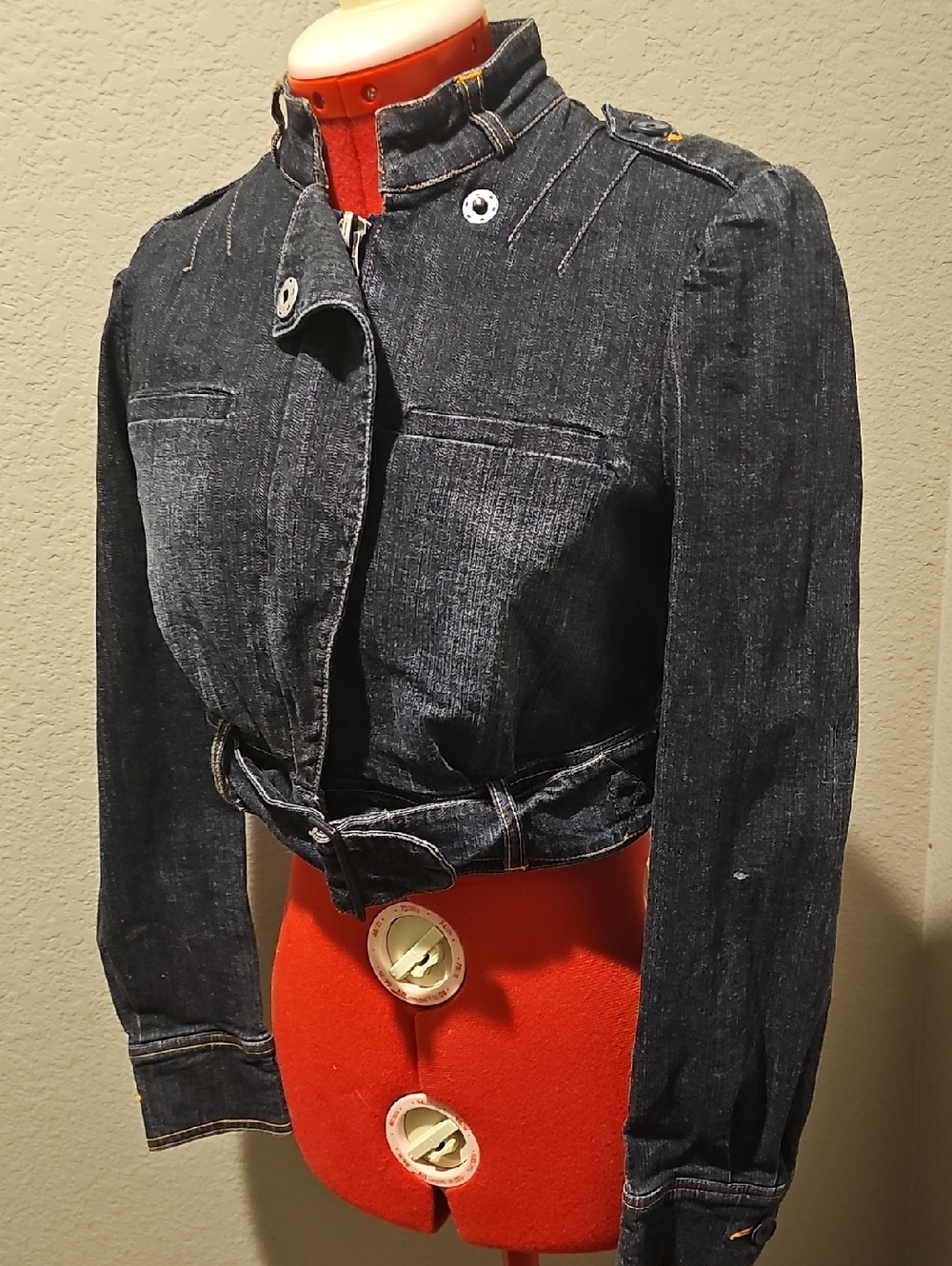 Mixit Dark Blue Cropped Denim Jacket with Belt